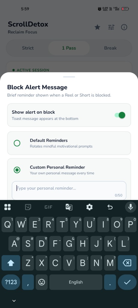 ScrollDetox block alert message customization and personal reminders