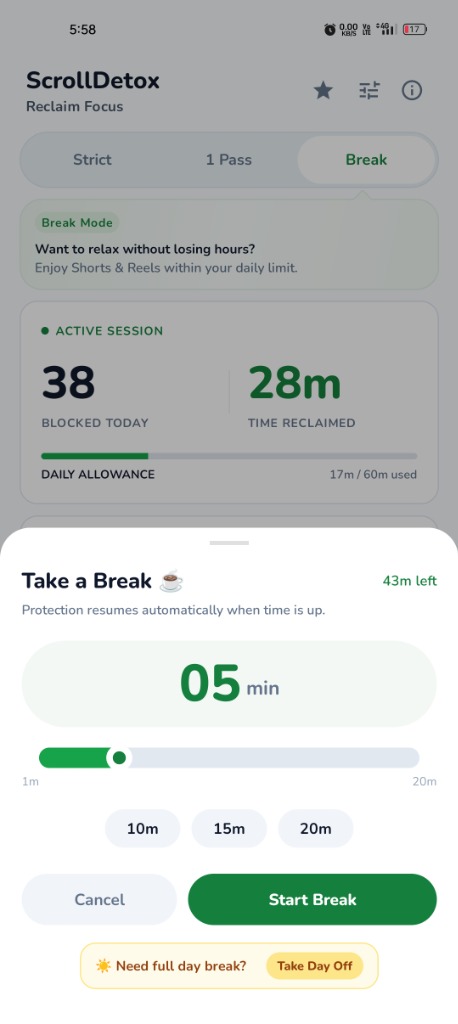 ScrollDetox take a break modal with timer and day off pass