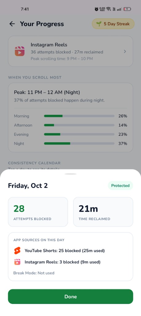 ScrollDetox daily breakdown sheet with session details