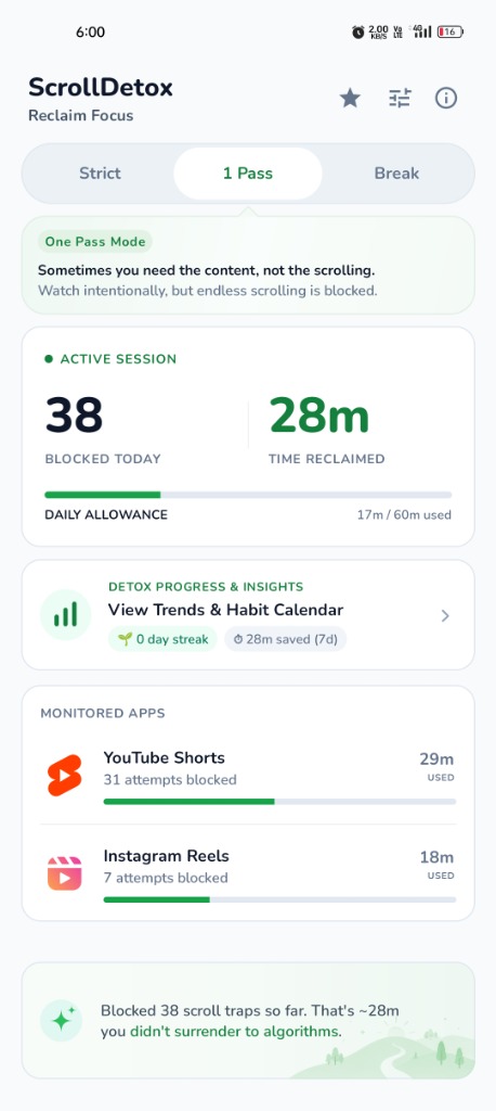 ScrollDetox home dashboard: active session, time reclaimed, and monitored apps